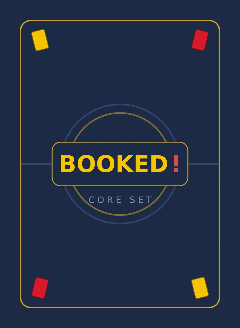 Booked! card back in navy and gold